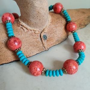 Coral and turquoise artisan statement necklace